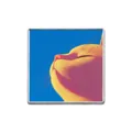 Badge carré en alliage avec illustration artistique de chat orange sur fond bleu vif. - Chat Orange Guérisseur Gros Plan (ZP0414)