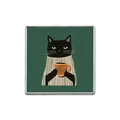 Broche carrée en alliage avec illustration de chat noir sur fond vert forêt - Illustration Chat Noir Café (ZP0402)