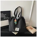 Large capacity black checkered canvas tote bag with drawstring closure and shoulder straps - With Pendant / Black