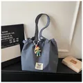 Blue checkered canvas tote bag with drawstring closure and cute charm - With Pendant / Blue