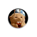 Badge métallique rond avec chat extraterrestre orange mignon, fond espace et Terre - Chat Extraterrestre Tenant du Cola (YP0160)