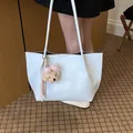 Elegant white large capacity commuter shoulder tote bag with a cute plush bear - Blue With Pendant