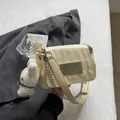 Cream yellow women shoulder bag with metal plate, chain strap and cute plush bunny pendant. - Yellow with Cloud Pendant