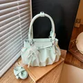 Mint green polka dot ruffled handbag, soft leather cloud bag with pearl bow and strap. - With Pendant / Green