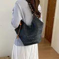 Chic black laser-cut hollow-out tote bag featuring stylish wooden bead shoulder strap - Tote Bag Style With Ornament (YL1205) / Black