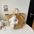 Grand sac cabas tisse pour femme sac porte epaule mode commute avec pendentif lapin mignon. - Jaune (Avec Pendentif)