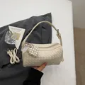 Chic cream woven cylindrical shoulder bag with pearl pendant, stylish minimalist daily handbag - Rice White (With Pendant)