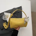 Stylish yellow woven cylindrical crossbody bag with cute pearl pendant for women. - Yellow with Pendant