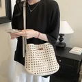 Chique beige geweven holle emmertas voor dames, stijlvolle vintage schoudertas tas. - Broken Wit
