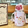 Cute cartoon kids vacuum thermos water bottle with strap, pink portable stainless steel cup. - 550ml / MFXB-BW Pink