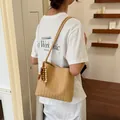 Elegant French style woven shoulder bag in khaki tan featuring a wooden bead charm - Two-Piece Bag Set / Yellow With Pendant