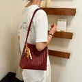 Elegant burgundy woven shoulder bag with bead charm for chic women's daily commute - Two-Piece Bag Set / Wine Red With Charm