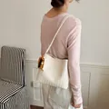 White woven shoulder bag for women with wooden bead tassel in a French commuter style - Two-Piece Bag Set / Beige with Pendant