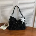 Stylish black polka dot tote bag for women, large capacity shoulder bag with star charm pendant. - Black