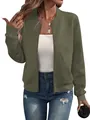 Donna tinta unita zip bomber giacca casual colletto baseball manica lunga texturizzato - Taglia S / Top / Verde militare