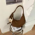 Minimalist retro brown leather crescent hobo shoulder bag with a cute teddy bear charm - S / With Pendant / Brown