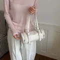 Minimalist cream white cylinder shoulder bag with buckle details for women, vintage style - White