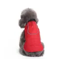 Macro view showing the back zipper and reflective strip of the red dog winter jacket - XS / Red