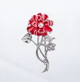 Silver-tone carnation brooch with red enamel and rhinestones. Elegant women's pin. - Silver