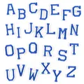 Detailed view of 26 blue and white varsity alphabet embroidery patches for DIY clothing decor. - 26 Pieces/Pack / White with Purple Letters