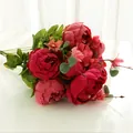 Artificial peony bouquet 13 heads fake silk flowers for home wedding decor floral arrangement - Autumn New Red