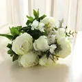 Artificial peony bouquet, white 13-head silk fake flowers for home wedding decor table centerpiece. - Spring White Green