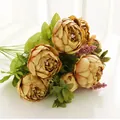 Artificial peony bouquet champagne color, 13 heads silk fake flowers for home wedding decor. - Autumn Coffee