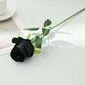 Detail close-up of artificial black rose flower with realistic stem and leaves for display. - Black