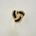 Zinc alloy rhinestone scarf ring buckle, elegant black enamel triple swirl design. - Gold Edge - Black