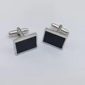 Classic rectangular metal cufflinks with black inlay designed for men's formal dress shirts. - Style 4