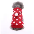 Festive red knitted Christmas dog sweater with white stars and pom-pom hood for small pets - S / Tops / Red Star Hooded