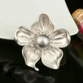 Retro matte silver flower brooch with grey pearl and rhinestones for elegant suits - Matte Silver Gray Pearl