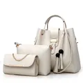 Dames 3-delige handtas set effen kleur PU lederen shopper schoudertas met kwastje - Broken Wit