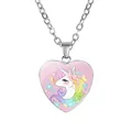 Silver heart necklace pendant with rainbow unicorn cartoon illustration - Pink