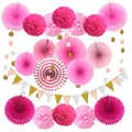 20pcs pink paper fan flowers set party hanging decorations paper pom poms wedding banner decor - Pink 20-Piece Set