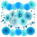 Blue paper fan flowers pom poms and triangle flags set for party wedding birthday decoration. - Blue 20-Piece Set