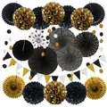 20-piece party decoration set featuring black and gold paper fans, pom poms, and bunting banner. - Black 20-Piece Set