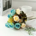 Artificial rose bouquet faux silk flowers for wedding home decor gift options. - Blue