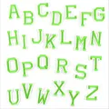 Close-up detail of green and white embroidered alphabet patches, perfect for DIY clothing decor. - 26 Pieces/Pack / White Background with Apple Green Letters
