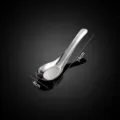 Stainless steel spoon detail view, 14cm length with dimension markings and weight info. - M