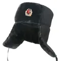 Winter warm black ushanka bomber hat with soviet red star badge, thick plush ear flaps. - Black Fabric with Black Fur + Soviet Badge