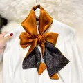Elegant silk ribbon scarf with floral print, double-layer long neckerchief for women's wear. - 19118-Main Image