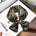 Chic Chinese style silk ribbon scarf, elegant black and green geometric twilly for women. - 19122-Main Image