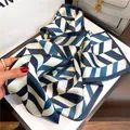 Blue and white geometric silk scarf ribbon elegant neckerchief for women spring and autumn. - Blue