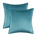 Set of 2 soft teal velvet cushion covers with decorative piped edges for home sofa decor - Teal