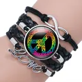 Multi-layer braided bracelet with colorful peace sign, infinity symbol and Love charm - Black