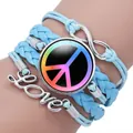 Handmade multilayer light blue braided bracelet with colorful peace sign and love charm - Light Blue