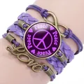 Purple handmade braided multi-layer bracelet with peace sign and love charm - Purple