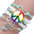 Handmade woven multi-layer bracelet with rainbow peace sign and infinity symbol - Mint Green