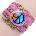 Handmade colorful peace sign pink braided multilayer bracelet with love charm - Pink